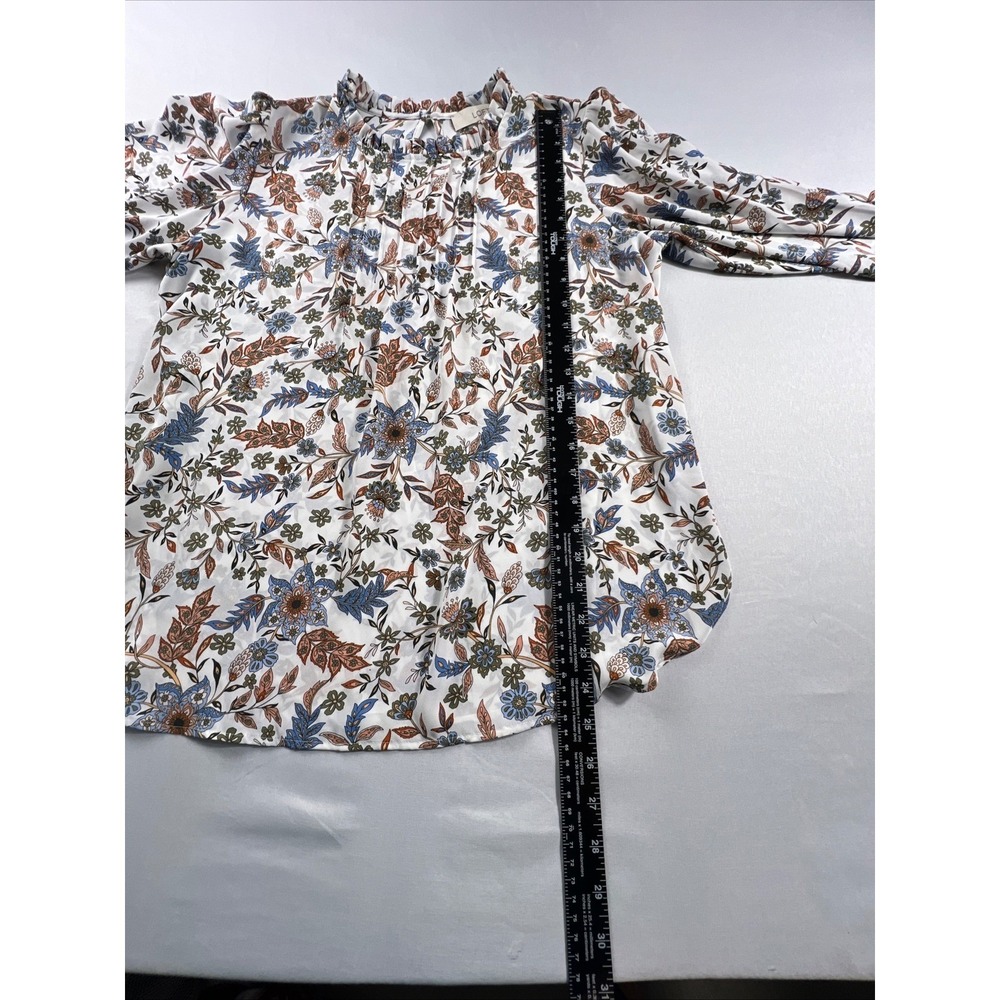 LOFT Womens Floral Ruffle Neck Blouse Small Long Sleeve Keyhole Top White - Picture 6 of 13